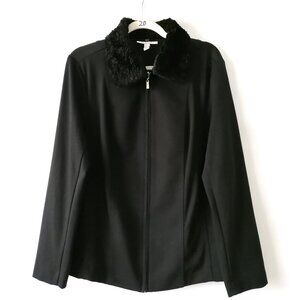 JM Collection Womens Black Long Sleeve Faux Fur Collared Full Zip Jacket Size L